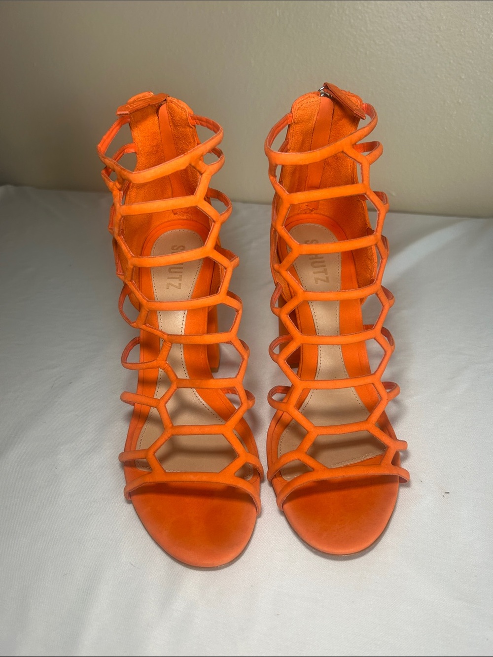 Like New Schutz Julianna Gladiator Block Heels Nobuck Orange Size 10B